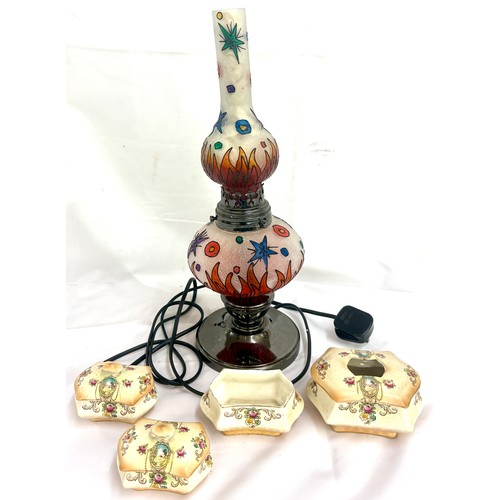 77 - Converted hand painted oil lamp, together with a part vanity set / trinkets, lamp in working order