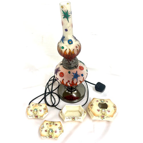 77 - Converted hand painted oil lamp, together with a part vanity set / trinkets, lamp in working order