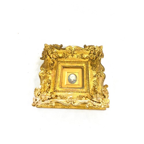 82 - Unusual & rare antique enamel portrait miniature in gilt mounted frame. Frame 20cm x 20cm.