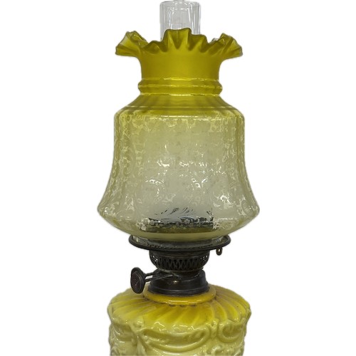 99B - Antique Victorian oil lamp with lemon glass shade. Height 65cm. Fits 3.75 inch gallery.
