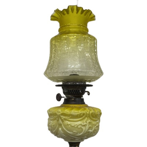 99B - Antique Victorian oil lamp with lemon glass shade. Height 65cm. Fits 3.75 inch gallery.