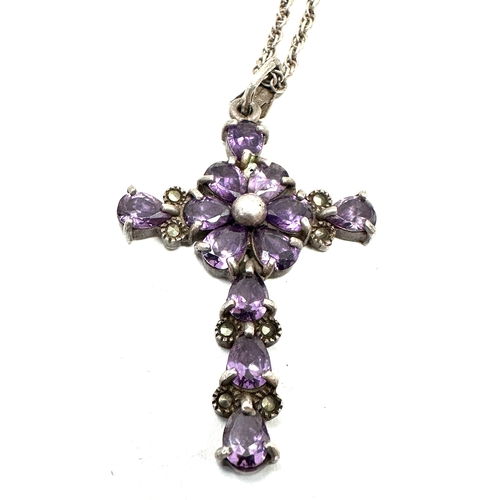 186 - Vintage silver amethyst set cross pendant necklace weight approx 19g