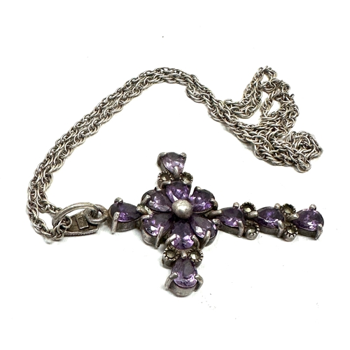 186 - Vintage silver amethyst set cross pendant necklace weight approx 19g