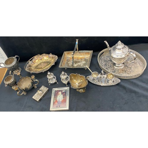 445 - Large selection of vintage silver plated items includes tea pots, trays, jugs, candle sticks etc