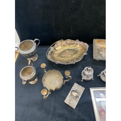 445 - Large selection of vintage silver plated items includes tea pots, trays, jugs, candle sticks etc