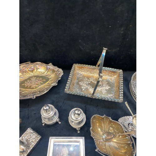 445 - Large selection of vintage silver plated items includes tea pots, trays, jugs, candle sticks etc