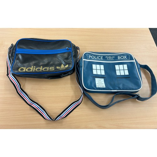 303A - Black and blue Adidas original airliner bag and a retro tardis messenger bag