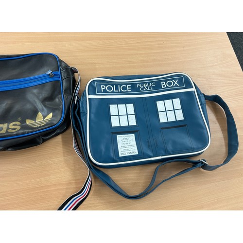 303A - Black and blue Adidas original airliner bag and a retro tardis messenger bag