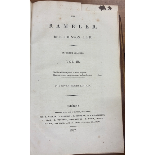 57 - Set Antique hardback books, The Rambler Vol I, II, III by S Johnson  LL.D, Set 3 antique Swift Aldin... 