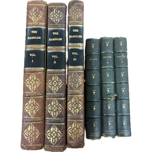 57 - Set Antique hardback books, The Rambler Vol I, II, III by S Johnson  LL.D, Set 3 antique Swift Aldin... 