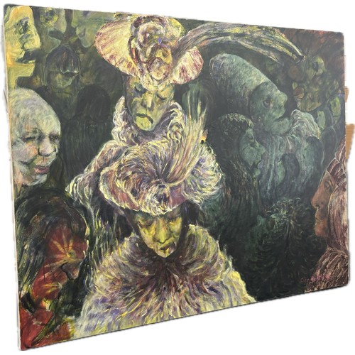434 - Expressionist oil painting on large canvas depicting 19 figures in a dark and moody setting, signed ... 