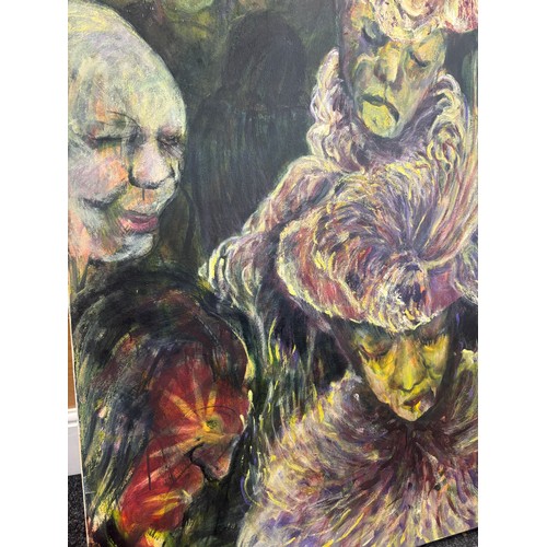 434 - Expressionist oil painting on large canvas depicting 19 figures in a dark and moody setting, signed ... 