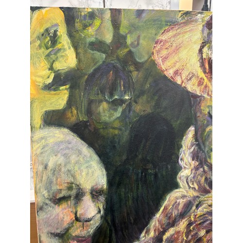 434 - Expressionist oil painting on large canvas depicting 19 figures in a dark and moody setting, signed ... 