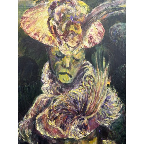 434 - Expressionist oil painting on large canvas depicting 19 figures in a dark and moody setting, signed ... 