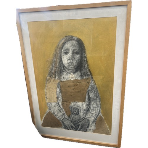 437 - Vintage framed drawing depicting young girl and her dolly, frame measures approximately 41 inches by... 