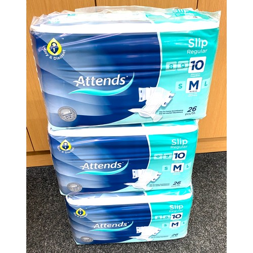 229 - 3 sealed packs of Attends slip regular incontinence pads, size M - each pack has 26