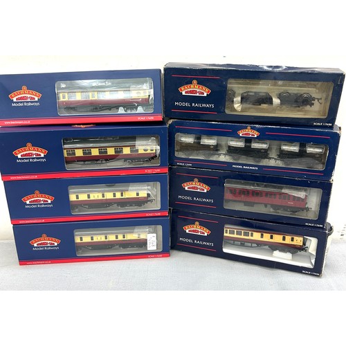 127 - 8 boxed Bachmann Branch line train carriages to include Stanier Parcels VAN, Porthole Coaches, Subur... 