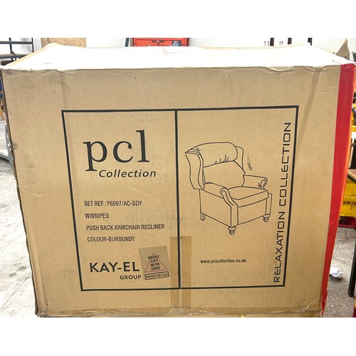 408 - PCL collection burgundy push back arm chair recliner model F6097/AC, brand new in box
