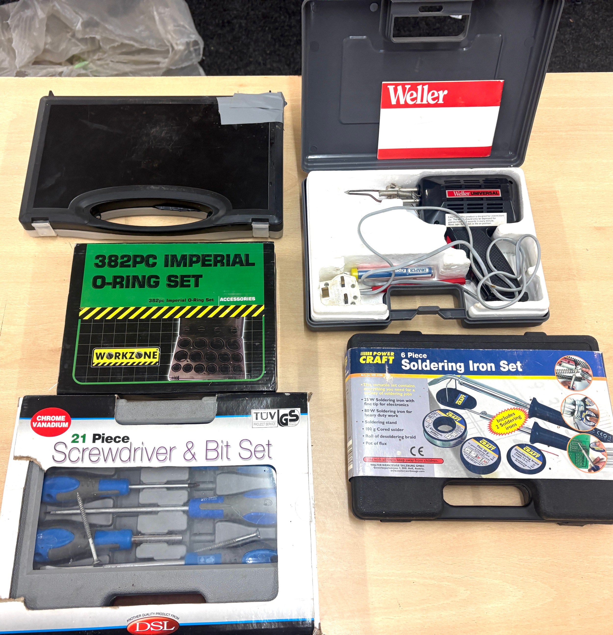 Selection of cased screwdriver bits, Weller gun, soldering iron set ...