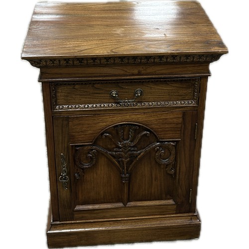383 - Oak one drawer one door carved front small cupboard measures approximately: 32 inches tall x 24 wide... 