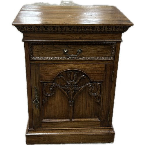 383 - Oak one drawer one door carved front small cupboard measures approximately: 32 inches tall x 24 wide... 