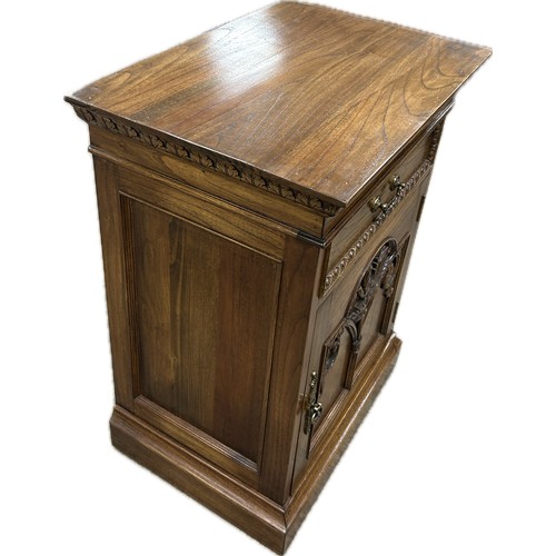 383 - Oak one drawer one door carved front small cupboard measures approximately: 32 inches tall x 24 wide... 