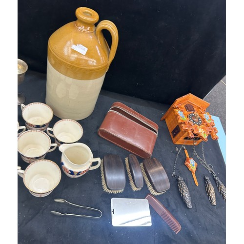 360 - Selection of miscellaneous to include vintage part tea services, stoneware jug, cuckoo clock, etc