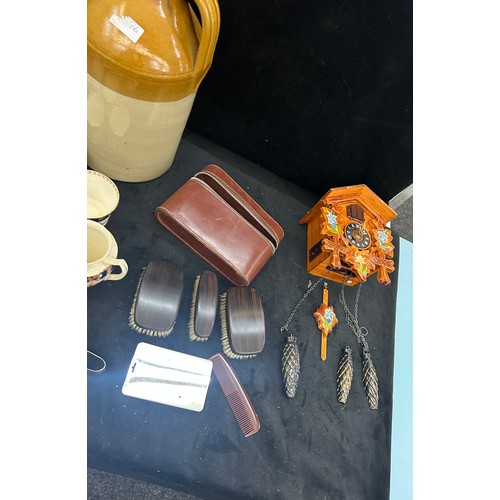 360 - Selection of miscellaneous to include vintage part tea services, stoneware jug, cuckoo clock, etc