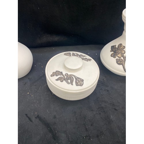 355 - 5 Pieces of silver inlay Limoges porcelain tallest measures 12 inches