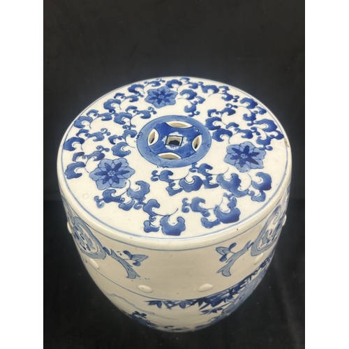 164 - Oriental blue and white pottery garden seat height approximately 18 inches