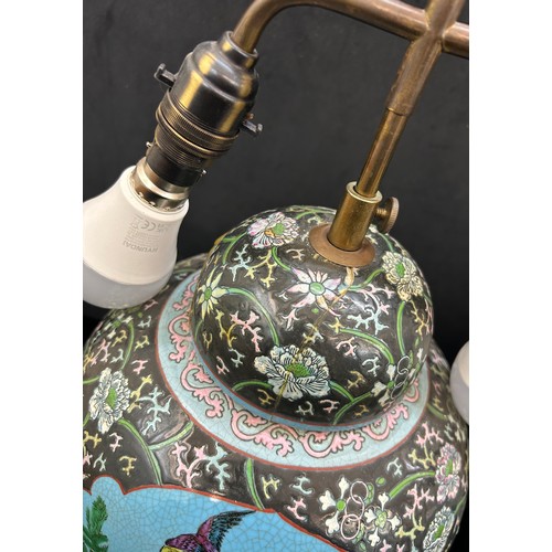 217 - Pair vintage Chinese porcelain vase table lamps on wooden stands , in famille rose style, both have ... 