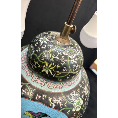 217 - Pair vintage Chinese porcelain vase table lamps on wooden stands , in famille rose style, both have ... 