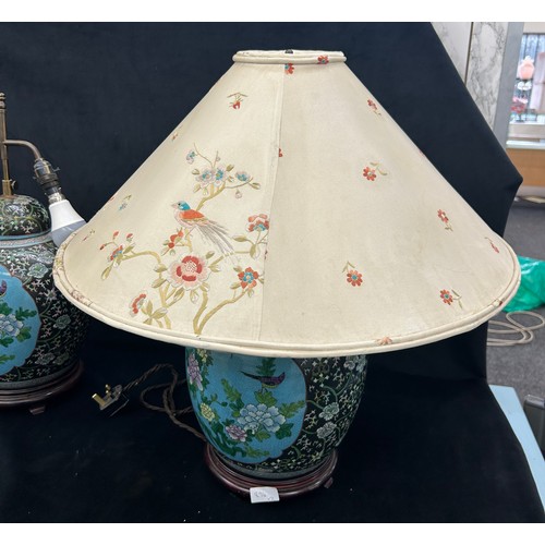 217 - Pair vintage Chinese porcelain vase table lamps on wooden stands , in famille rose style, both have ... 