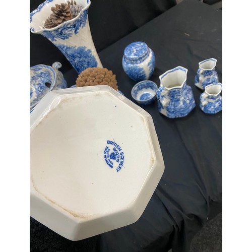 173 - Selection of vintage blue and white Booths British scenery pottery includes Vases etc