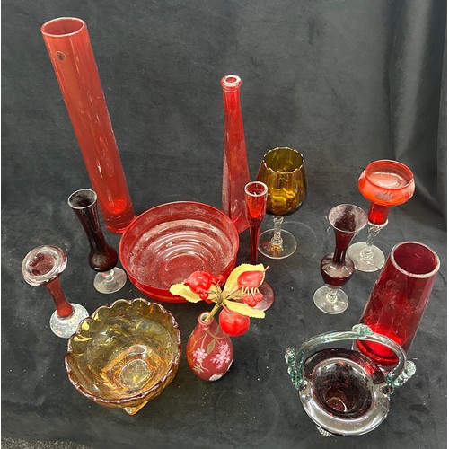 Collection of vintage red glassware includes red glass vases, cranberry ...