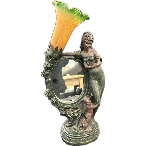 330 - Ornate lady and child dressing table lamp and mirror, overall height 16.5 inches, untested