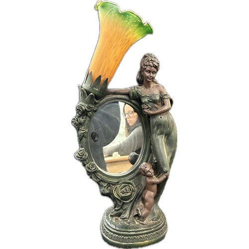 330 - Ornate lady and child dressing table lamp and mirror, overall height 16.5 inches, untested