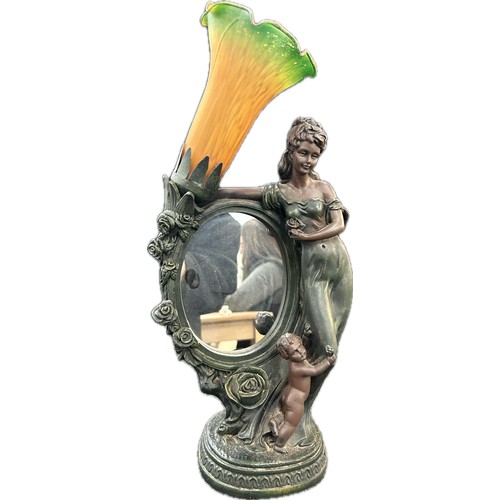 330 - Ornate lady and child dressing table lamp and mirror, overall height 16.5 inches, untested