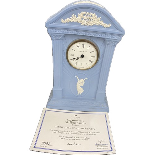 61 - Vintage Danbury Mint exclusive Wedgwood blue and white ' The Millennium Clock' with certificate of a... 