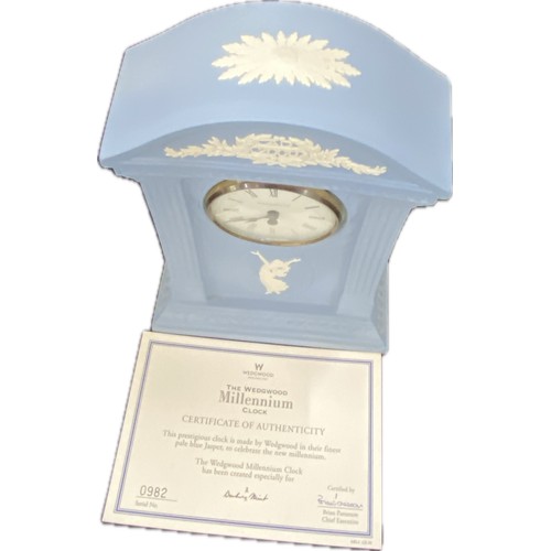 61 - Vintage Danbury Mint exclusive Wedgwood blue and white ' The Millennium Clock' with certificate of a... 