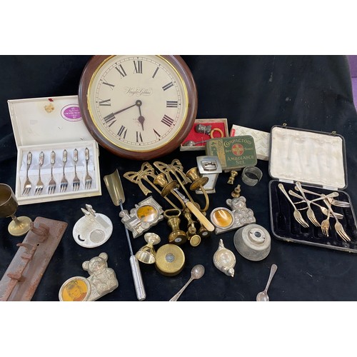 126 - Large selection of vintage and later metalware includes clock, weights, candle sticks etc