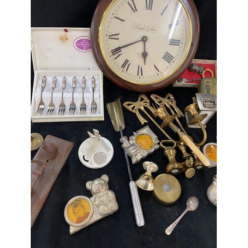 126 - Large selection of vintage and later metalware includes clock, weights, candle sticks etc