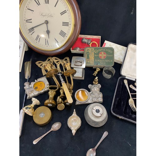 126 - Large selection of vintage and later metalware includes clock, weights, candle sticks etc