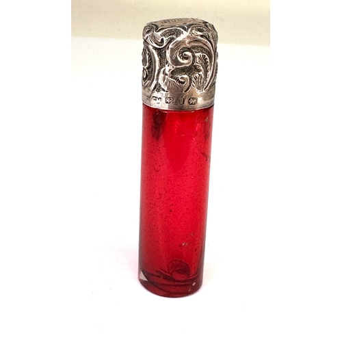 34 - Antique silver & cranberry glass perfume bottle measures approx height 6.6cm birmingham silver hallm... 