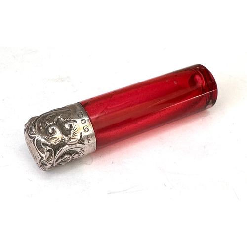 34 - Antique silver & cranberry glass perfume bottle measures approx height 6.6cm birmingham silver hallm... 