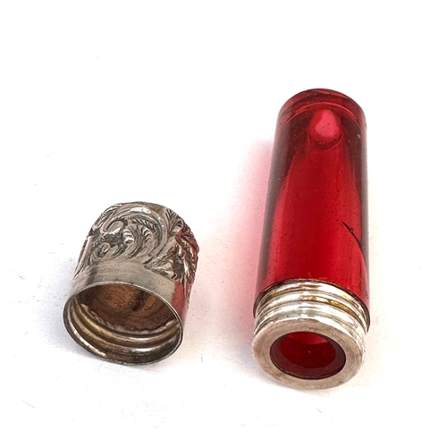 34 - Antique silver & cranberry glass perfume bottle measures approx height 6.6cm birmingham silver hallm... 