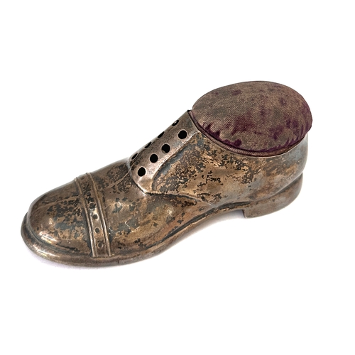 38 - Large antique silver shoe pin cushion measures approx 12cm by height 5.5cm