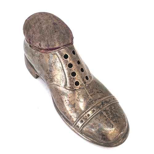 38 - Large antique silver shoe pin cushion measures approx 12cm by height 5.5cm