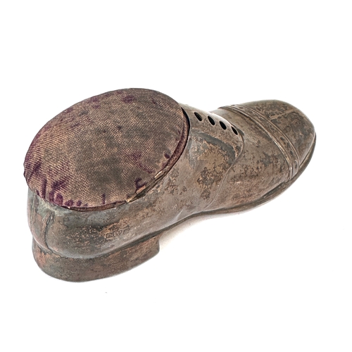 38 - Large antique silver shoe pin cushion measures approx 12cm by height 5.5cm