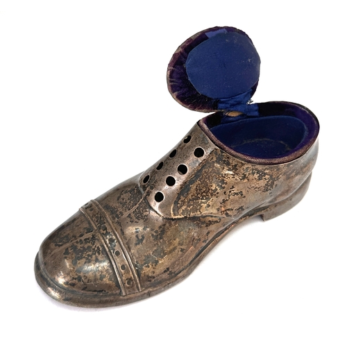 38 - Large antique silver shoe pin cushion measures approx 12cm by height 5.5cm